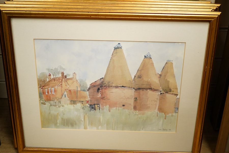 John Powley (Wapping Group, 1929-2018), a collection of six watercolours to include: ‘Mistley, Essex’, ‘Oast Houses, Pembury, Kent’ and ‘The Mill at Holbrook, Suffolk’, each signed and dated '88, 24 x 34cm